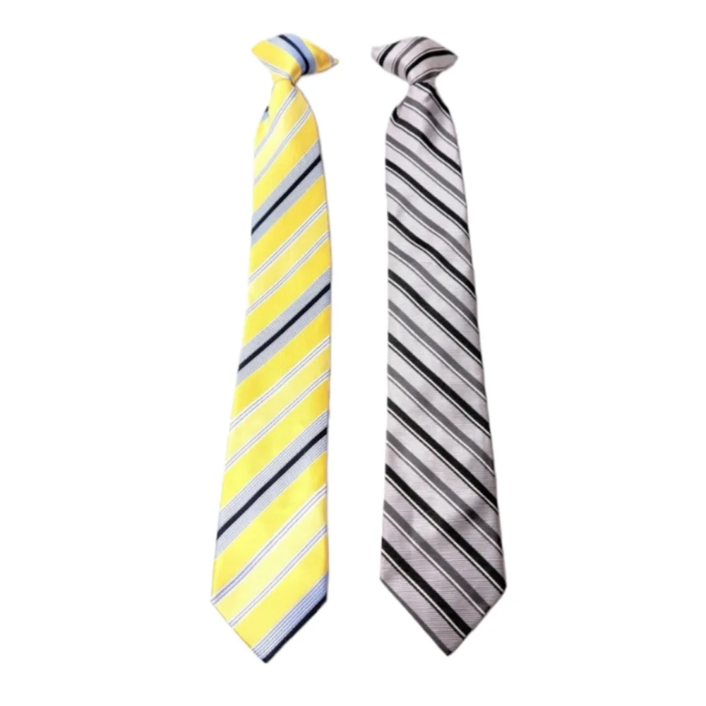 LOT OF 2 Boys Clip Tie Yellow Blues White and Silver Black‎ Grey Stripes